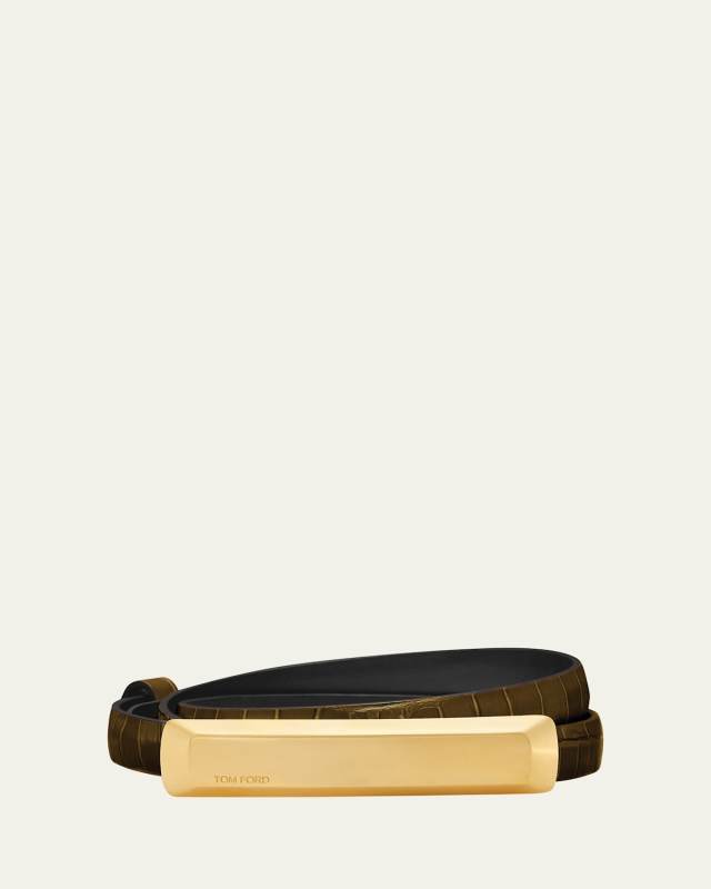 Croc-Embossed Leather Skinny Belt